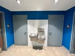 Commercial restroom painting with blue accent walls Michigan