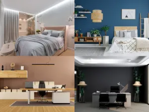 Interior design collage of bedroom and home office