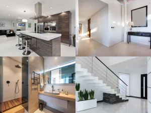 Interior design collage of kitchen hallway and bathroom
