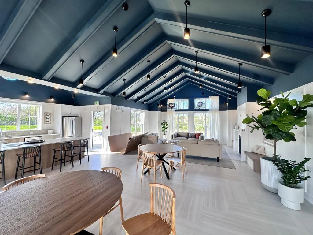 Vaulted ceiling painting in navy blue Michigan home