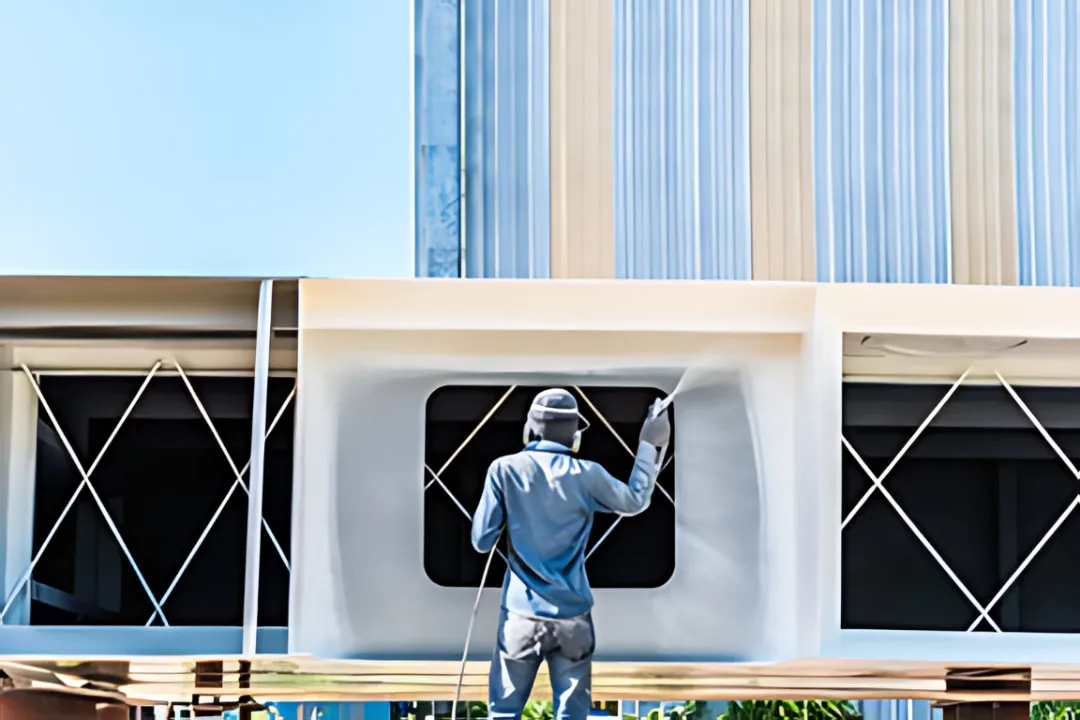 Worker spray painting white commercial building exterior