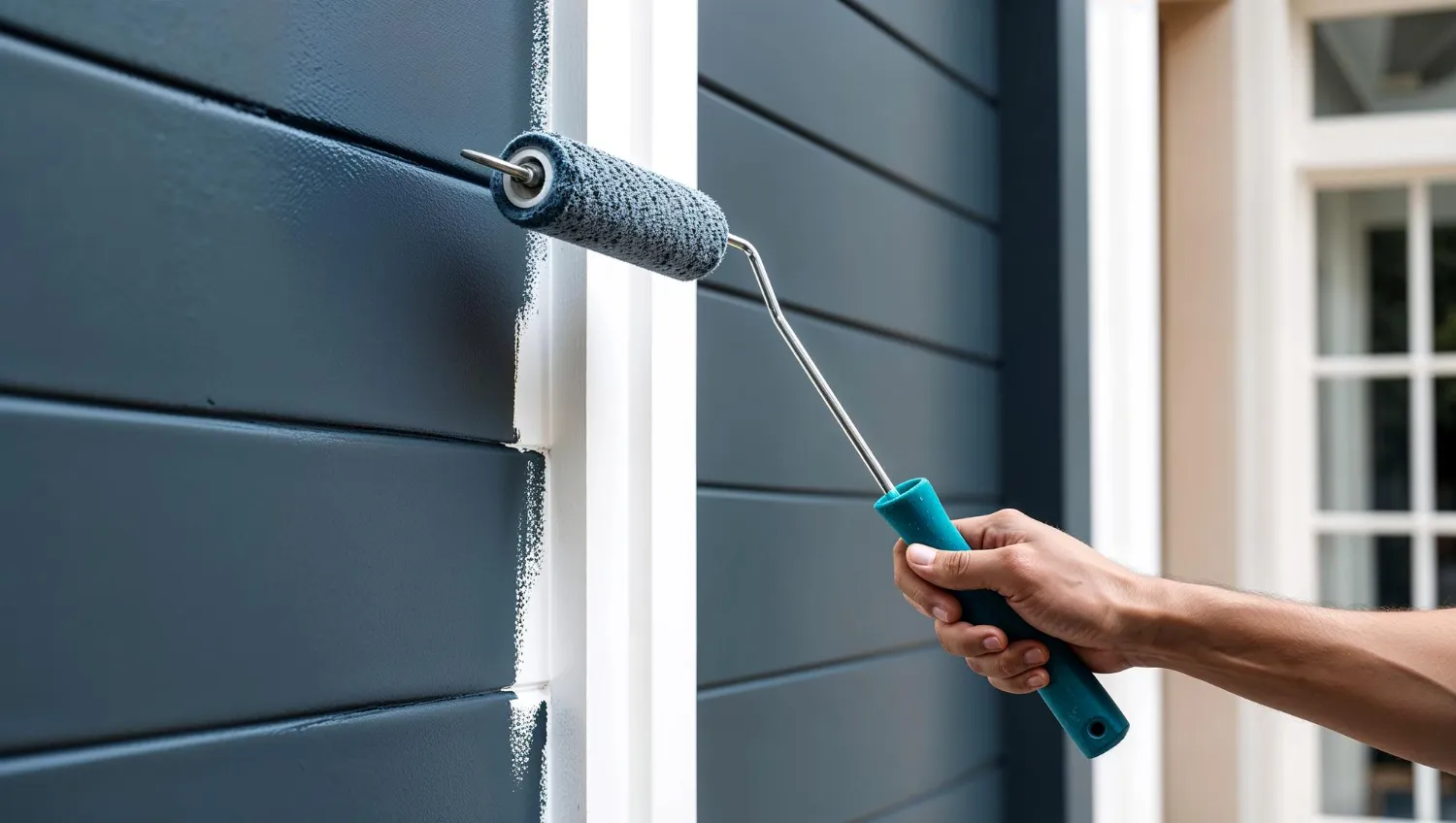 Hand using paint roller to apply gray paint on siding