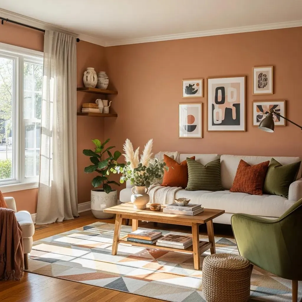 Freshly painted terracotta living room with cozy decor