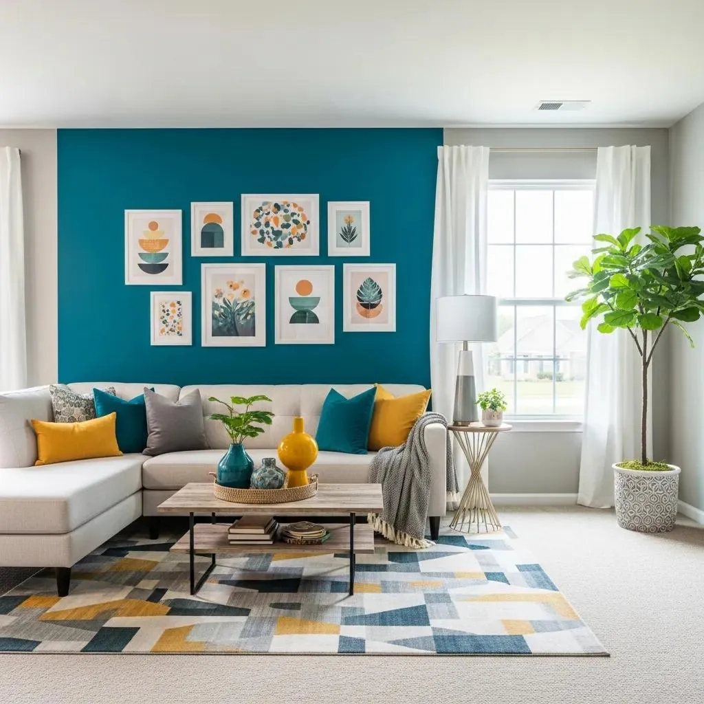 Freshly painted teal accent wall in modern living room