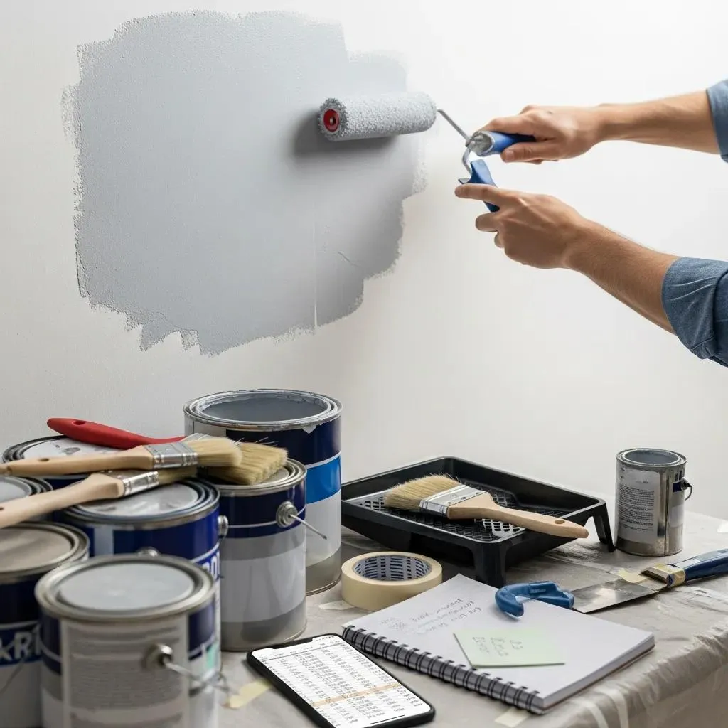 Hands painting gray wall with roller and brush
