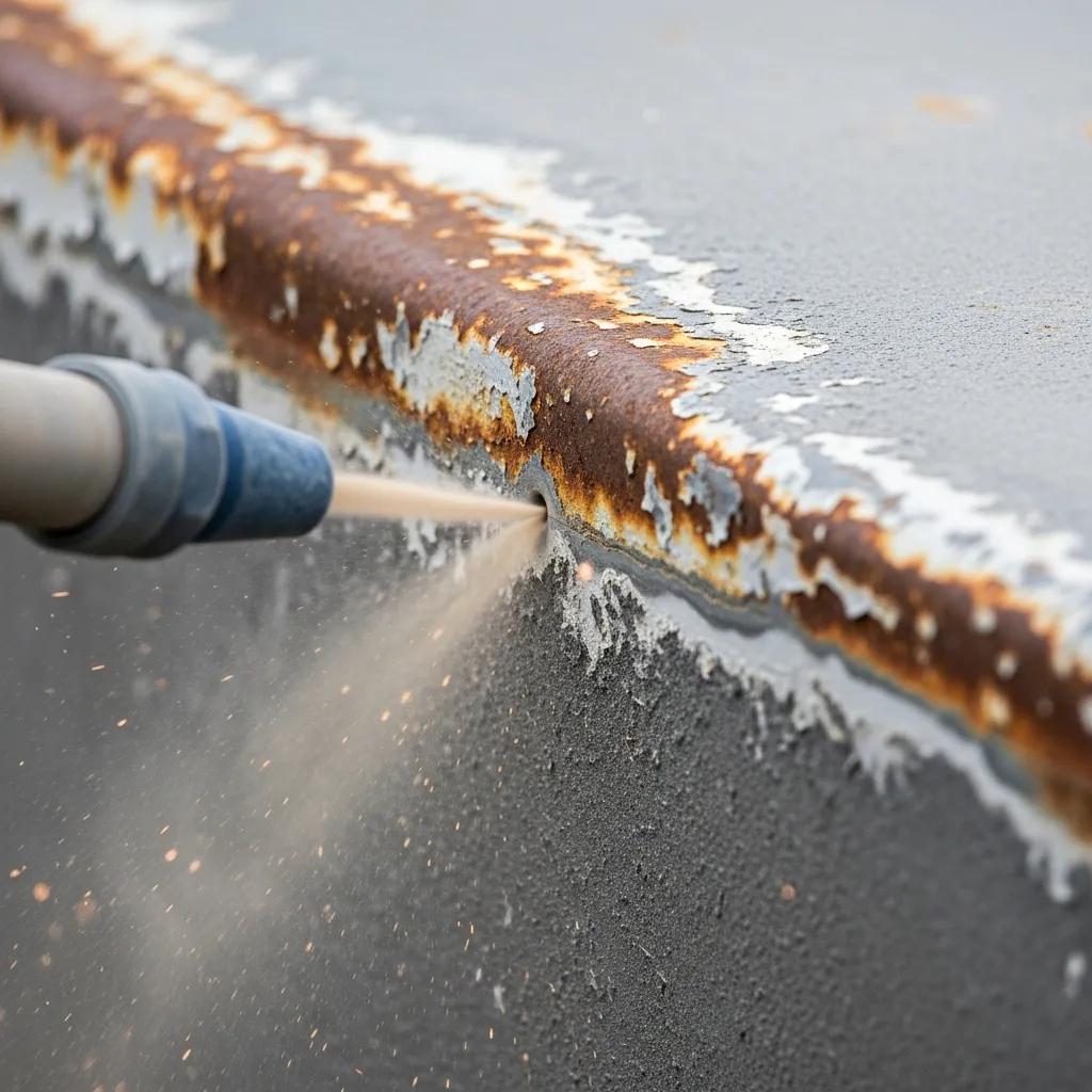 Close-up of sandblasting technique removing paint and rust from a surface