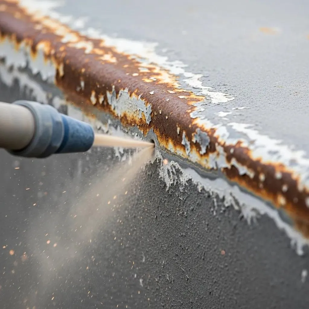 Close-up of rust removal on metal pipe during sandblasting