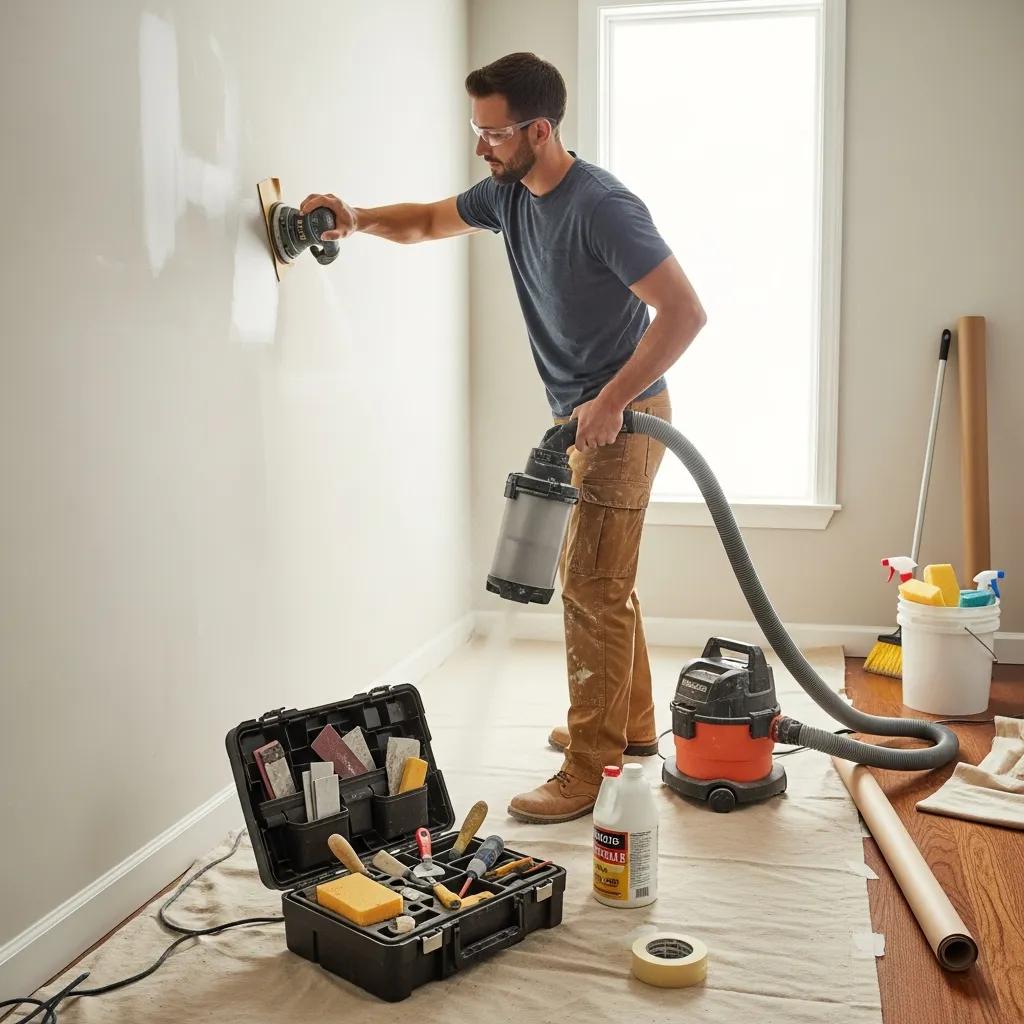 Contractor preparing interior walls for painting with cleaning and sanding tools