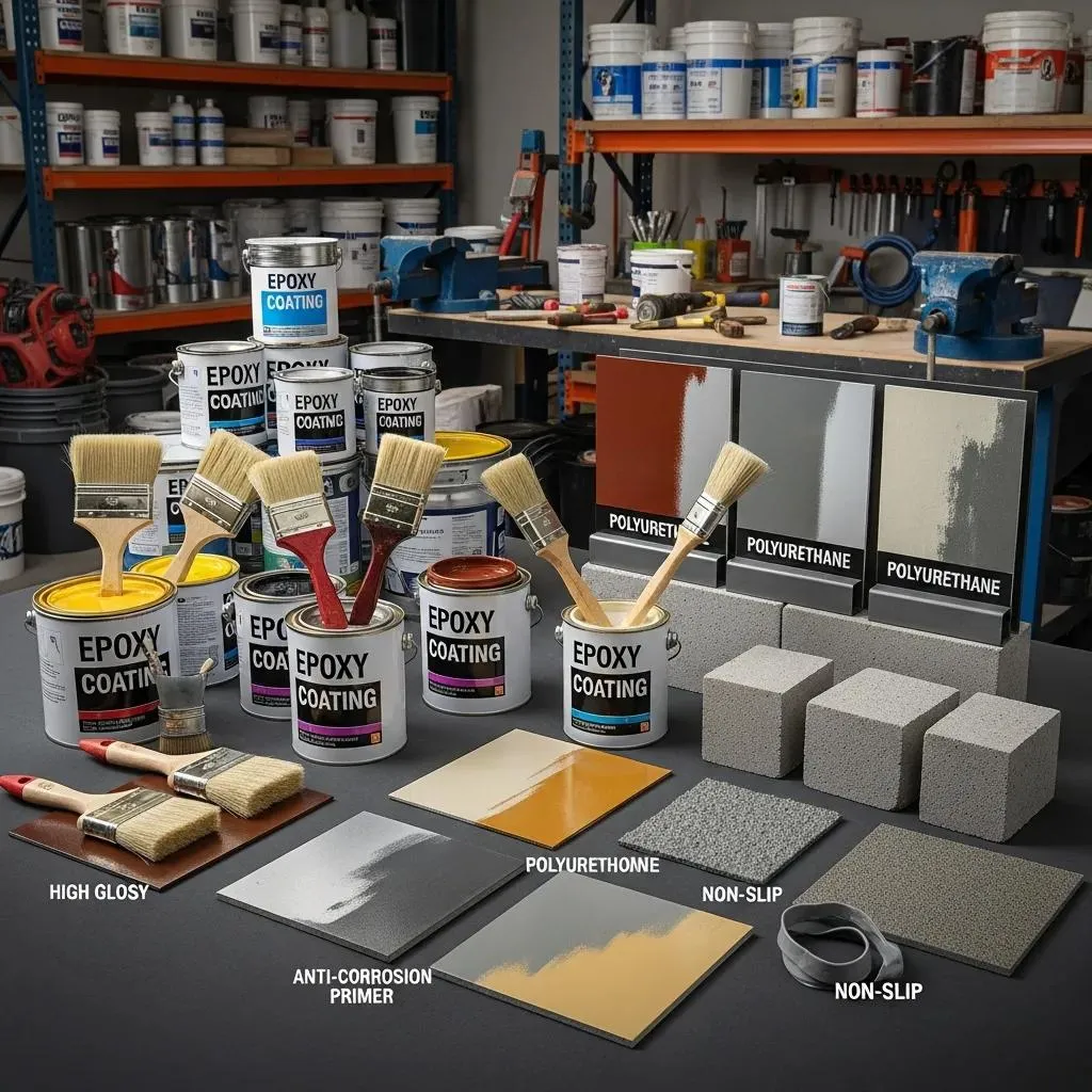 Epoxy floor coating supplies and color samples on shelf