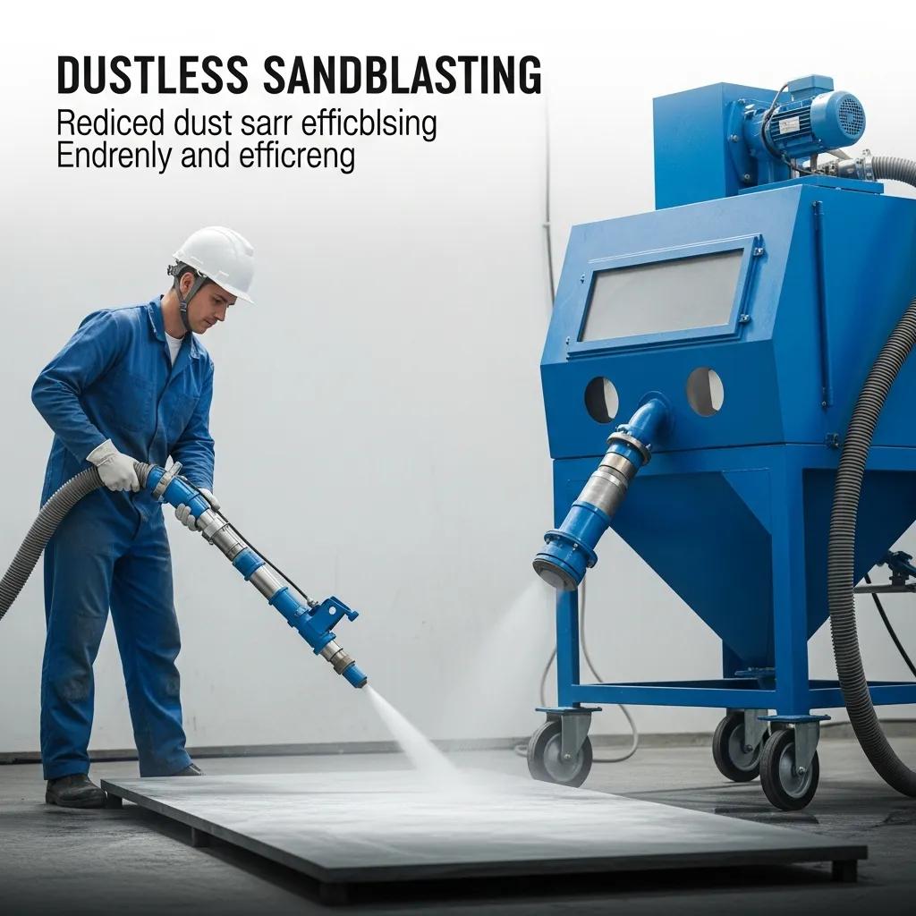 Dustless sandblasting process demonstrating reduced dust and improved visibility