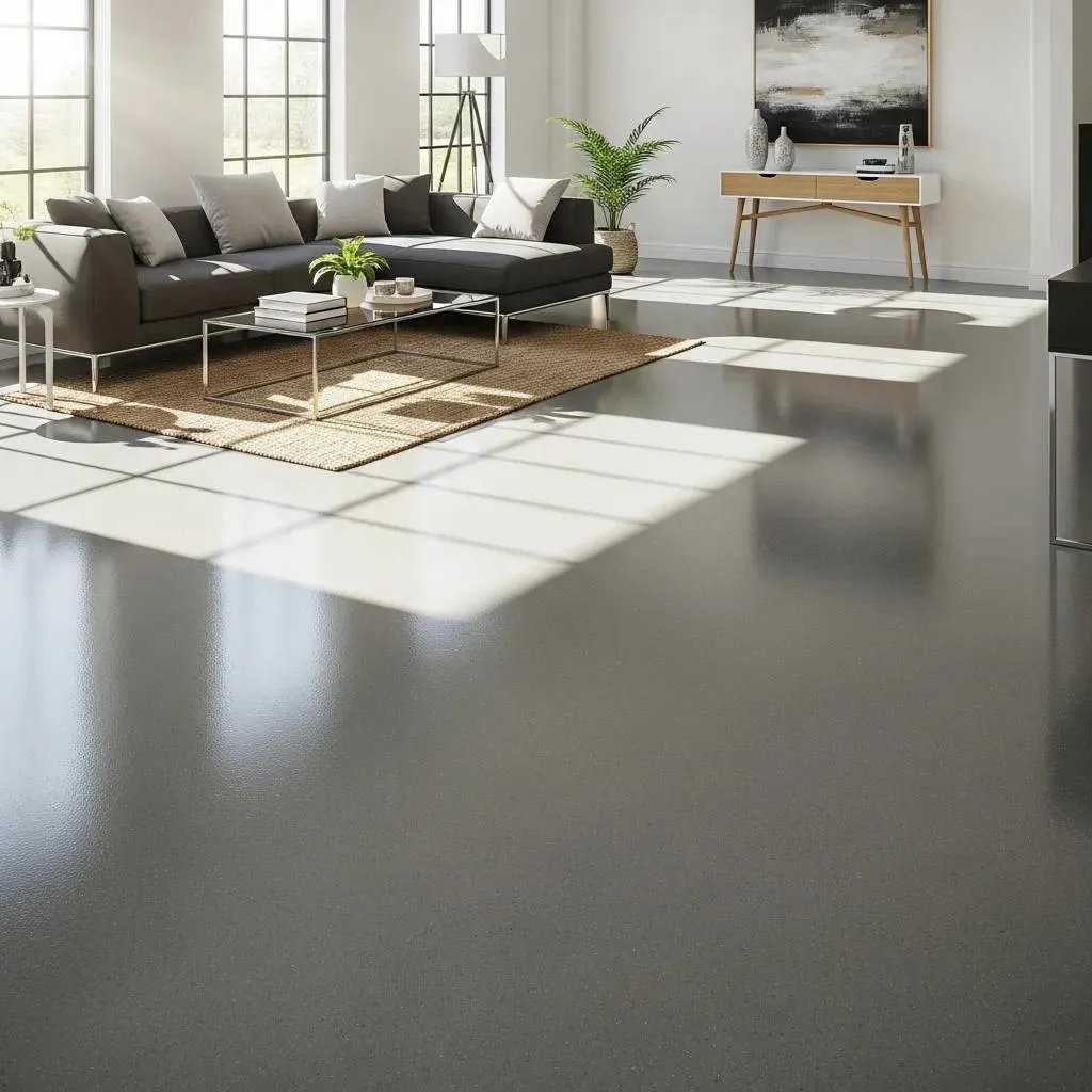 Freshly finished dark epoxy floor in modern open living space