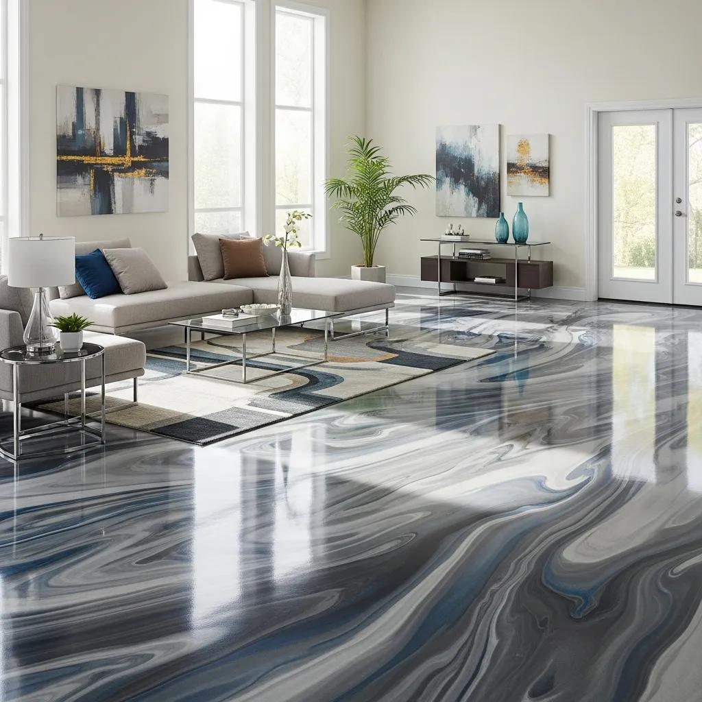 Glossy epoxy flooring in a modern home setting, showcasing aesthetic appeal and durability