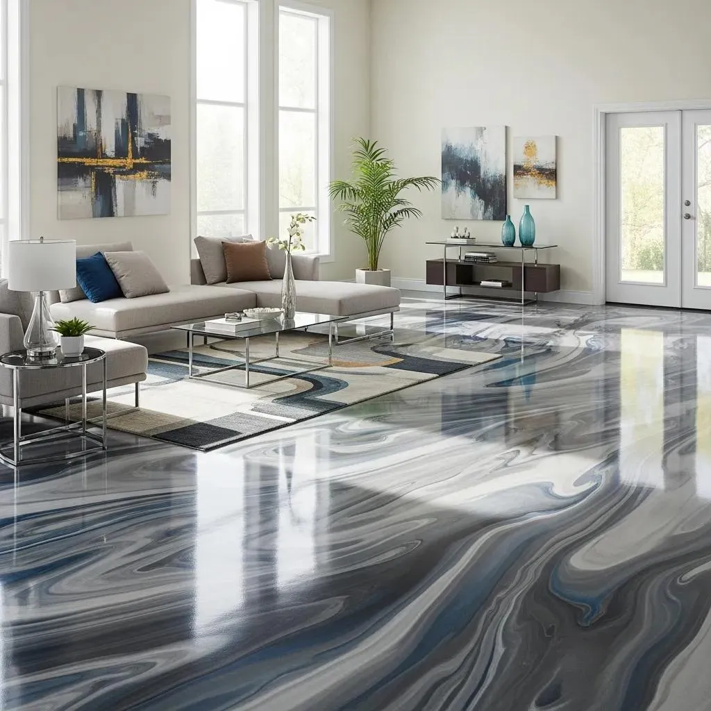 Glossy epoxy flooring in a modern home setting, showcasing aesthetic appeal and durability
