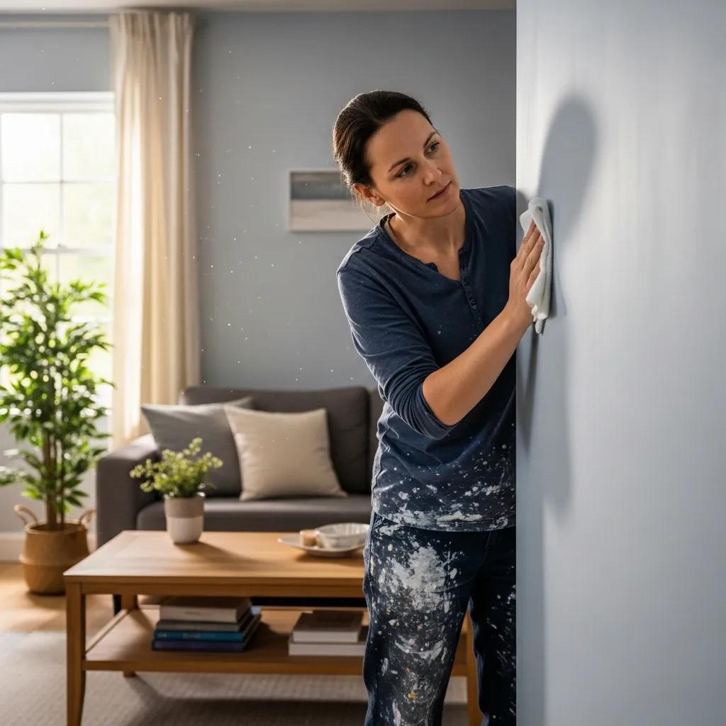 Homeowner maintaining a freshly painted interior wall with a damp cloth