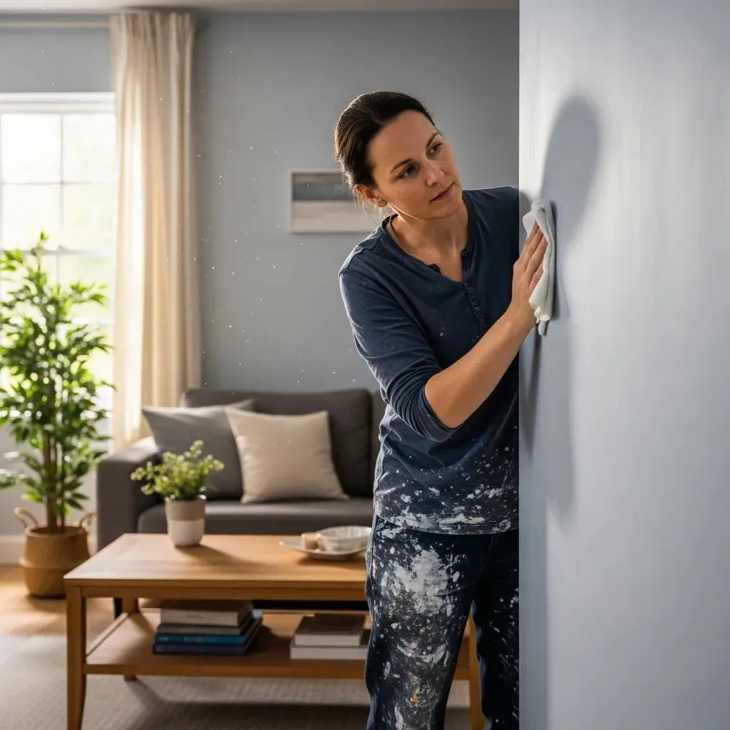Woman checking freshly painted white interior wall