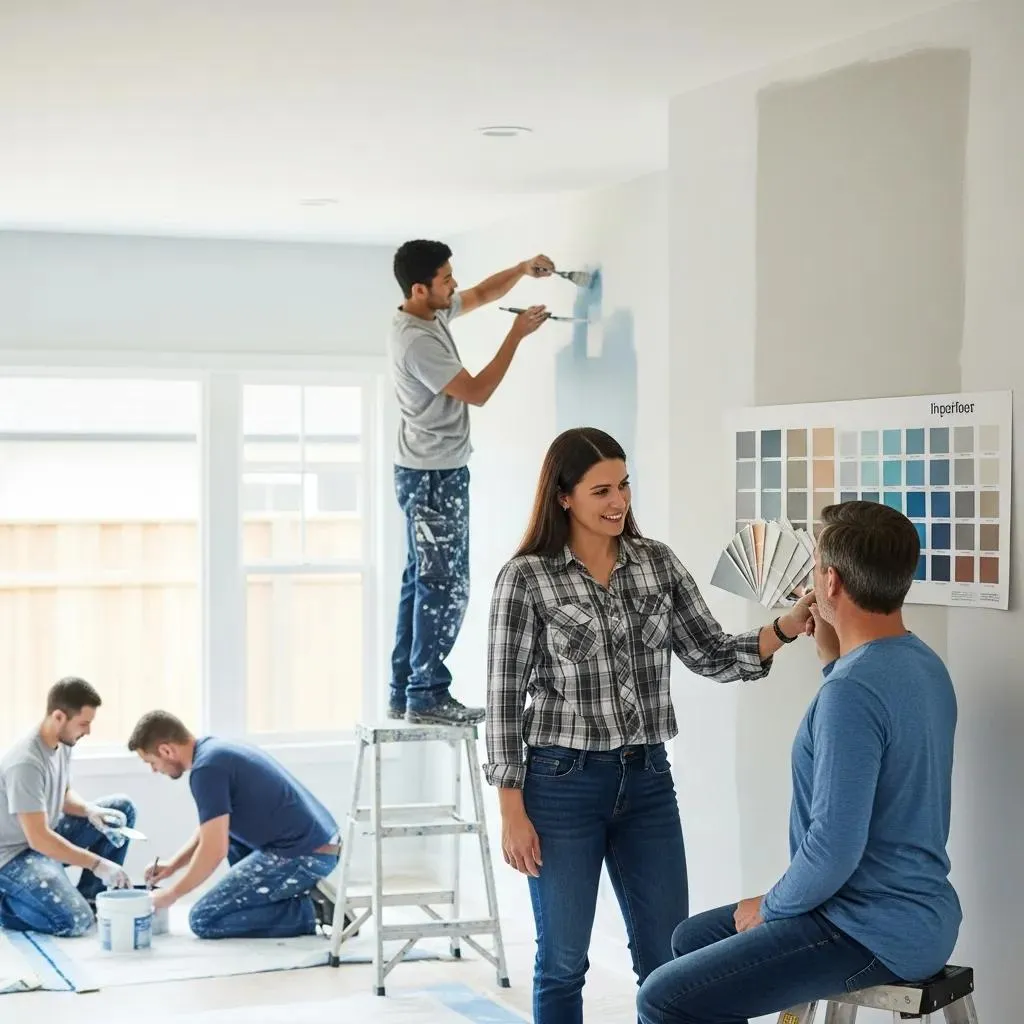 Couple giving high five after painter finishes interior wall