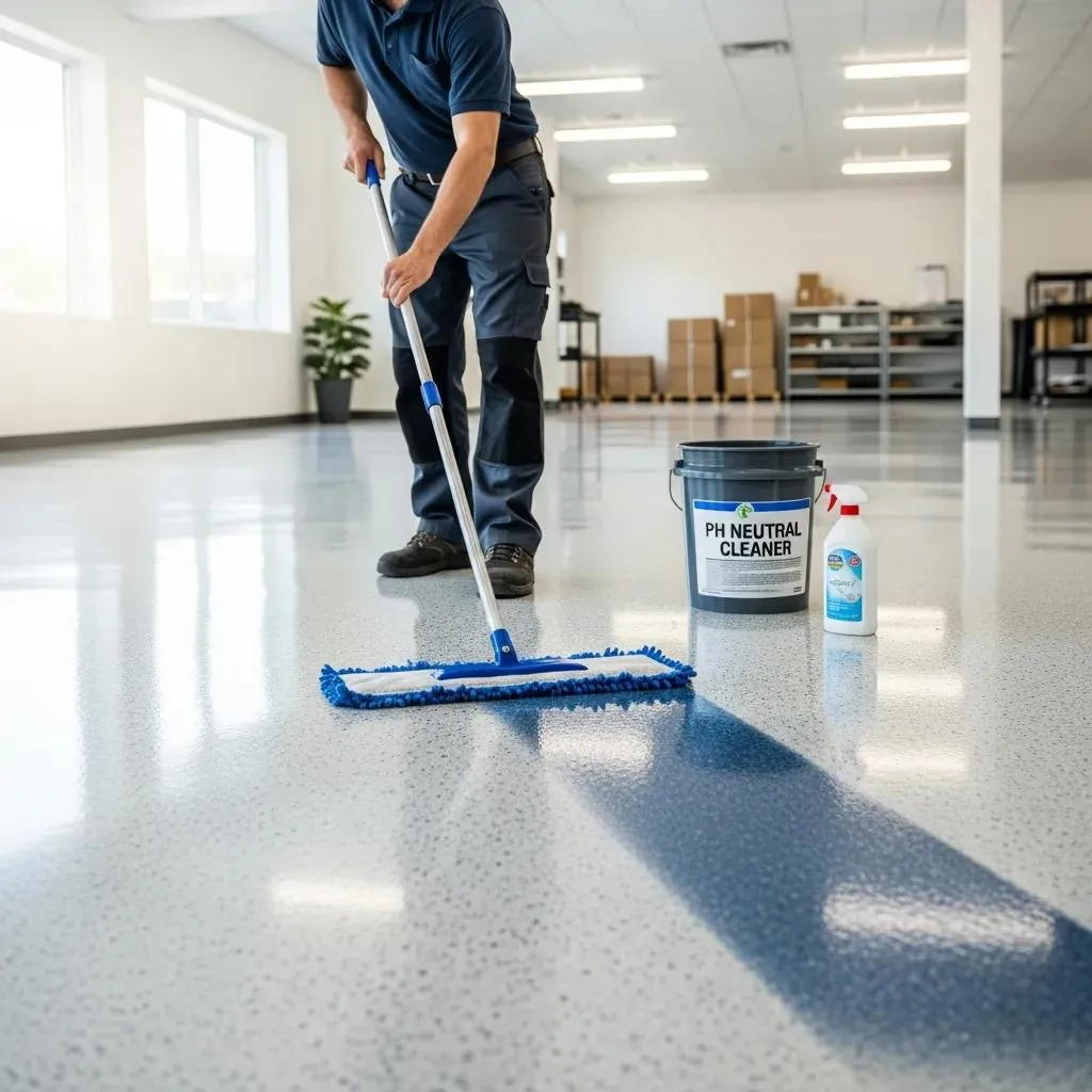 Worker applying epoxy coating to warehouse floor with roller
