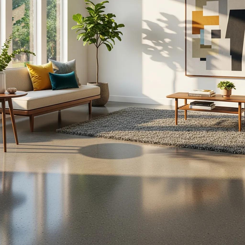 Polished concrete floor in a modern home, reflecting light and enhancing aesthetics