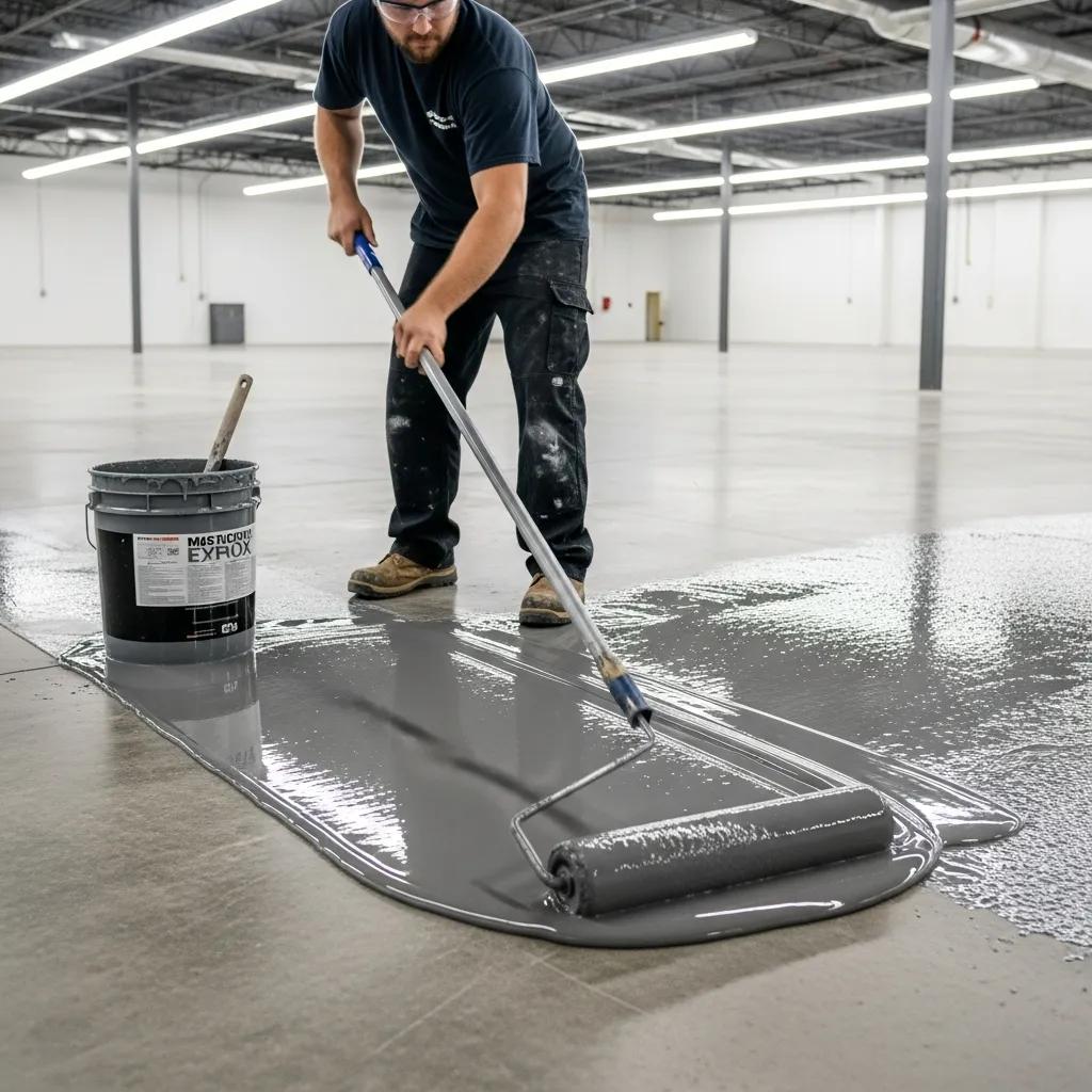 Professional applying epoxy flooring with a roller in a commercial setting, demonstrating application methods