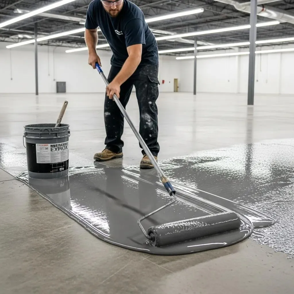 Worker rolling out epoxy floor coating in commercial space