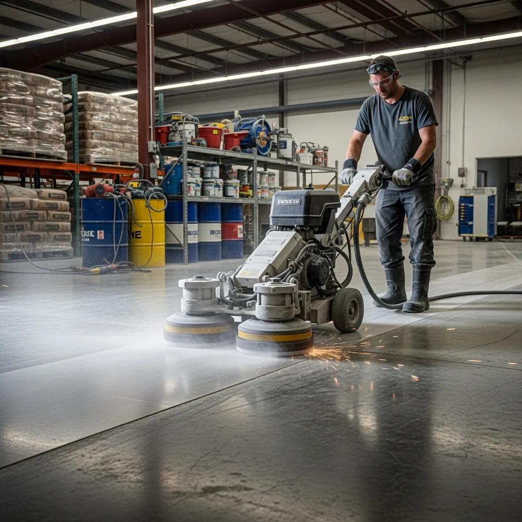 Professional grinding concrete surface with diamond polishing pads in an industrial setting