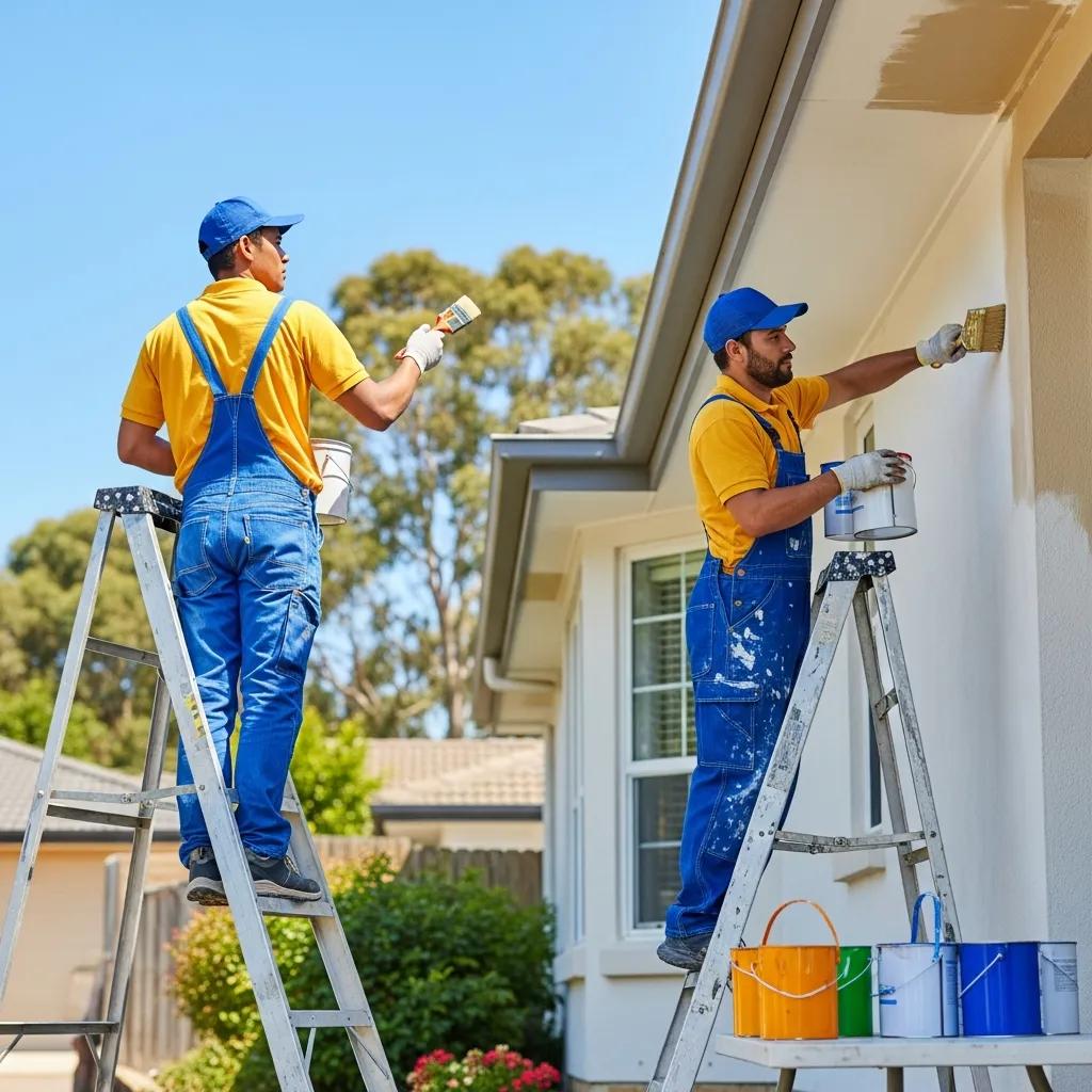 Professional painter applying fresh paint to a residential home exterior, showcasing painting services