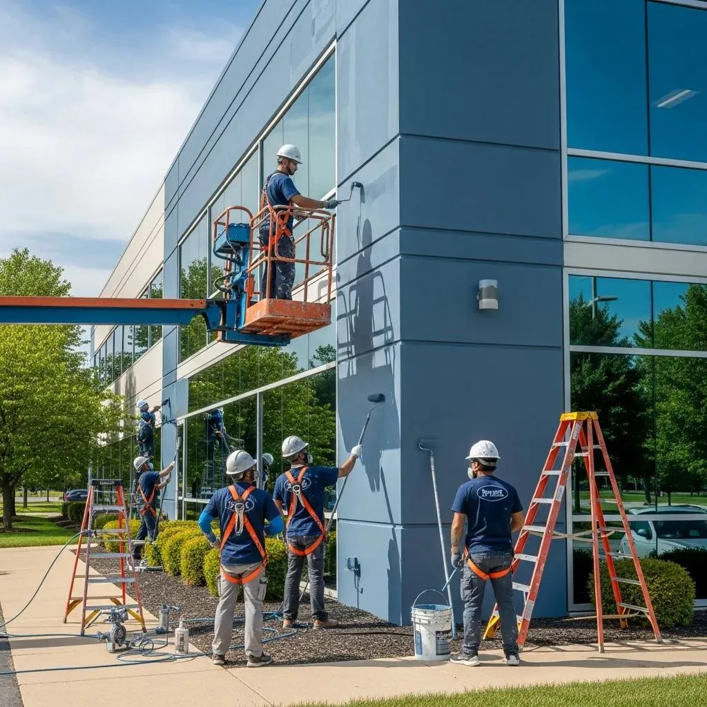 Painters on lift painting blue commercial building exterior