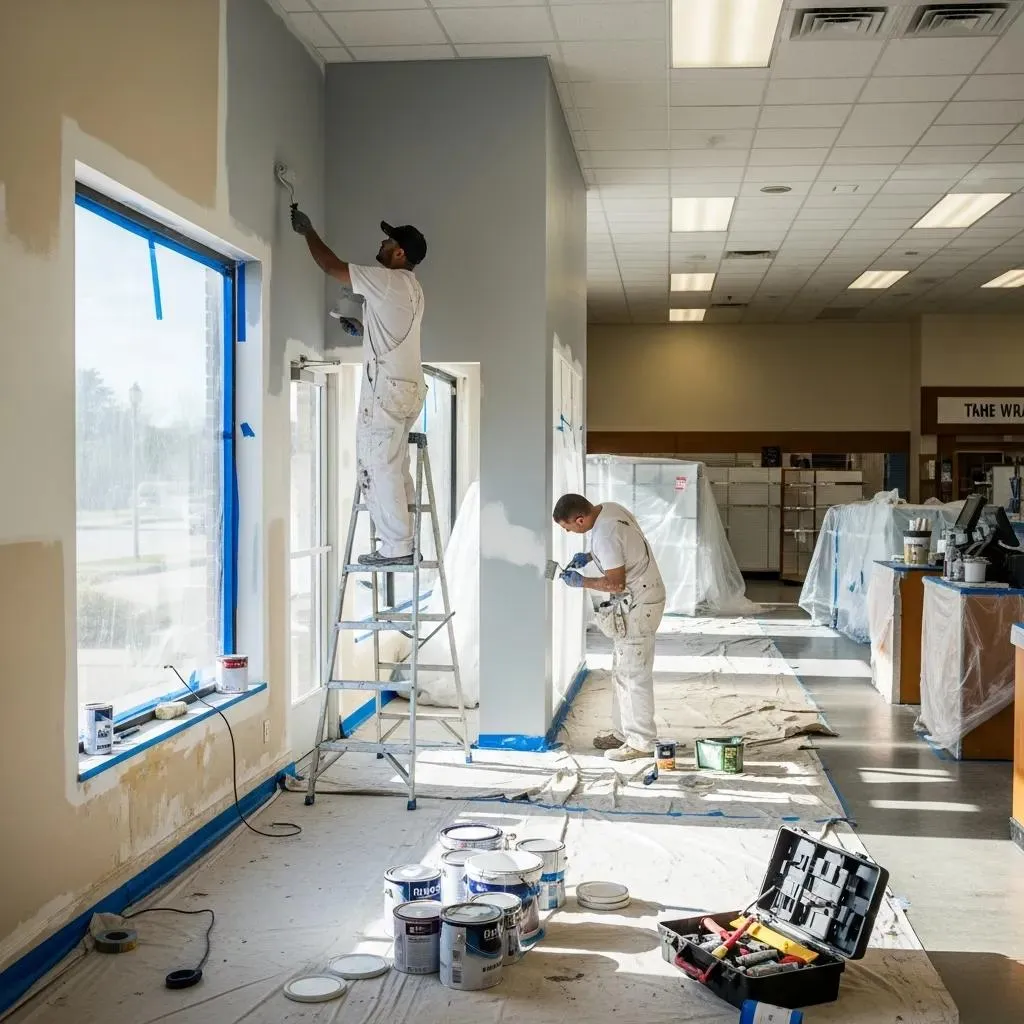 Painters taping and priming commercial interior walls