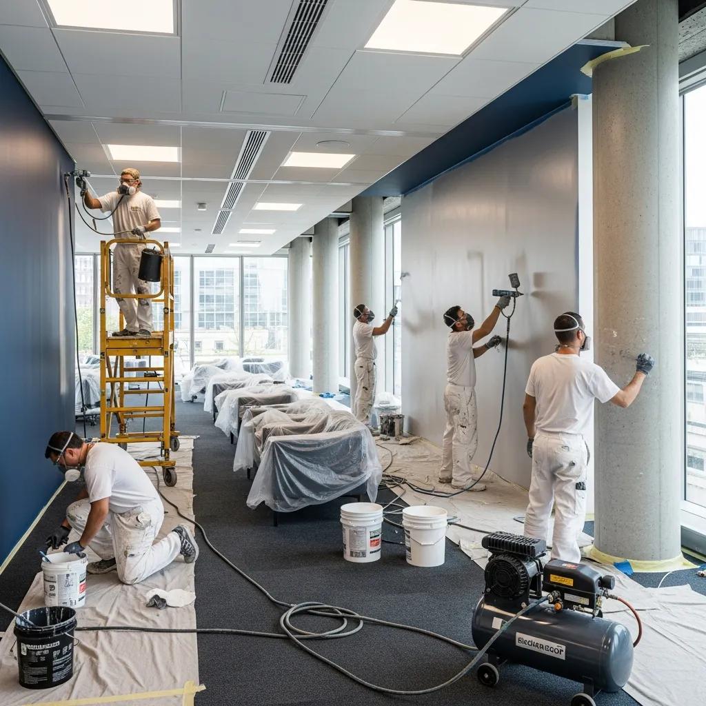 Professional painters working on a large office area, illustrating commercial painting services