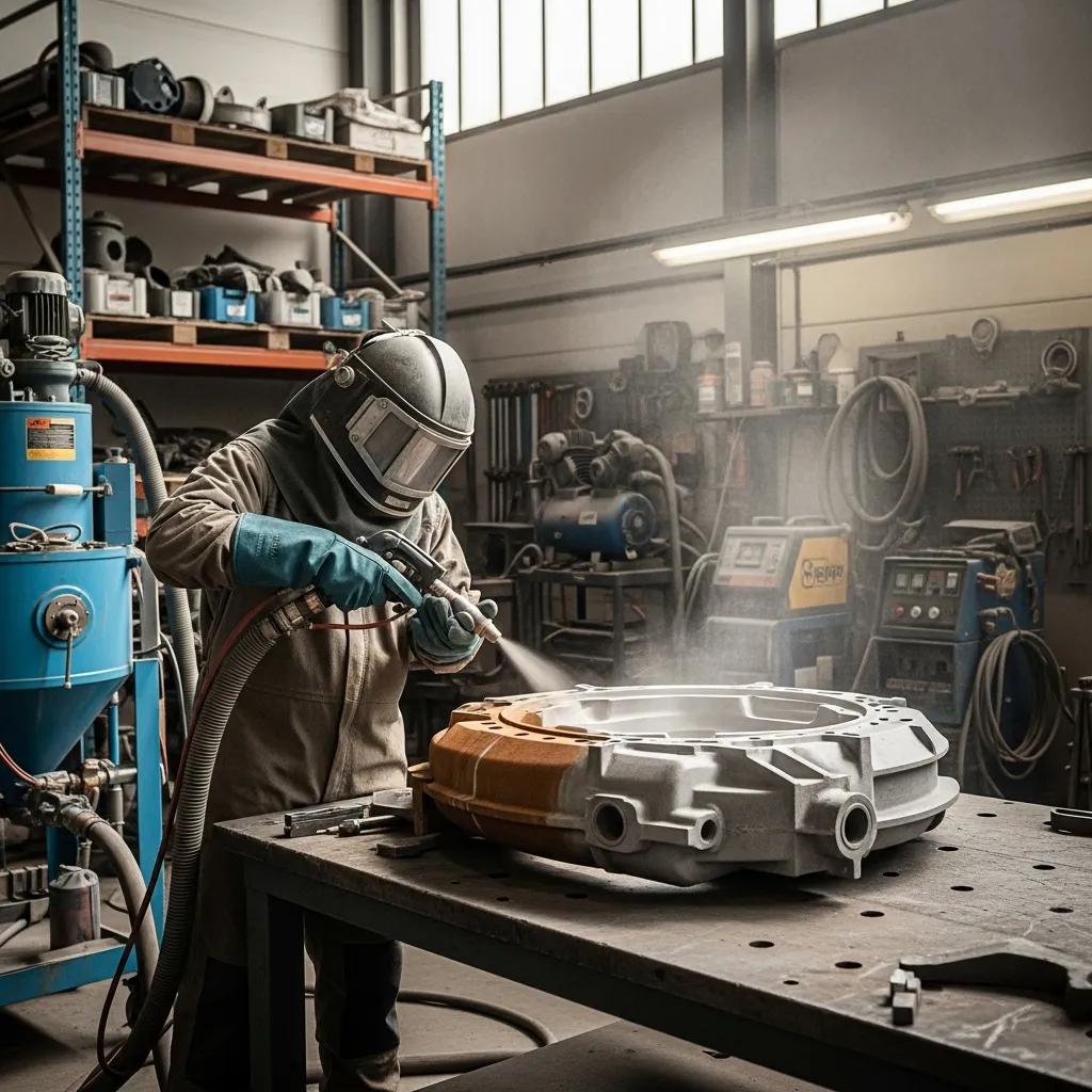 Professional sandblasting setup with a worker preparing a metal surface for coating