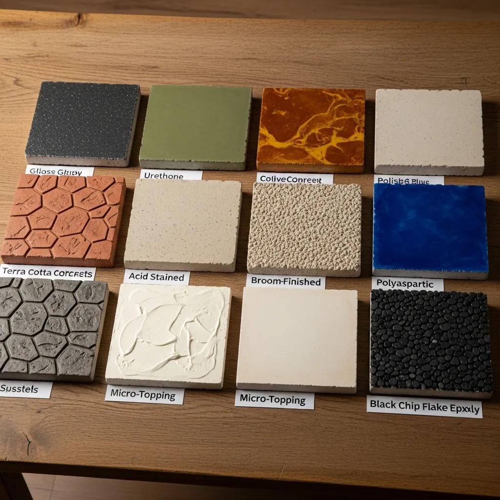 Samples of concrete coatings and finishes, including epoxy and stained options, showcasing aesthetic variety