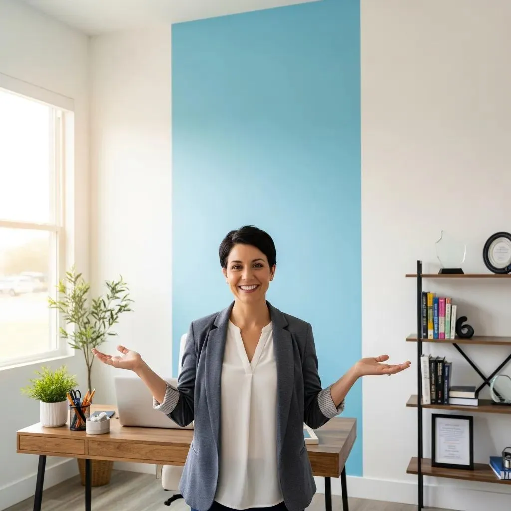 oman standing in freshly painted light blue accent room