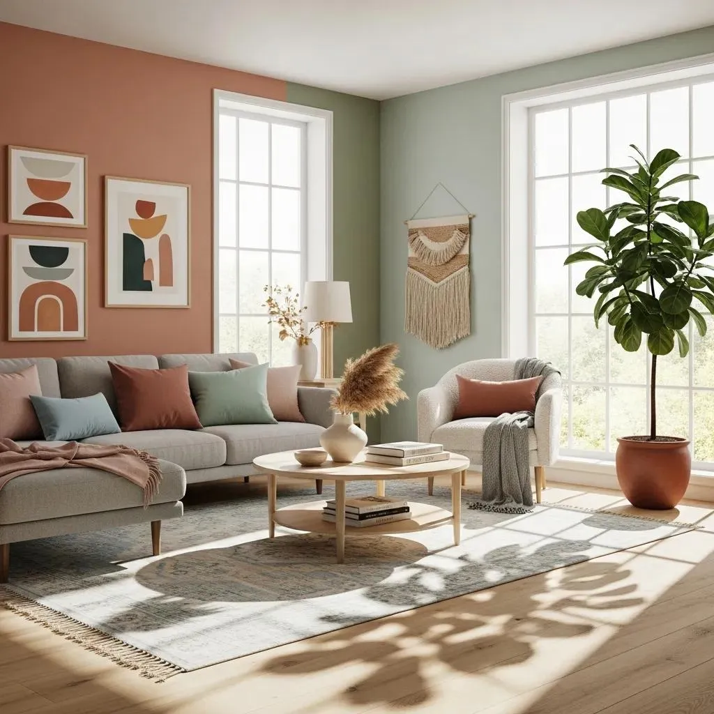 Freshly painted terracotta living room with cozy decor