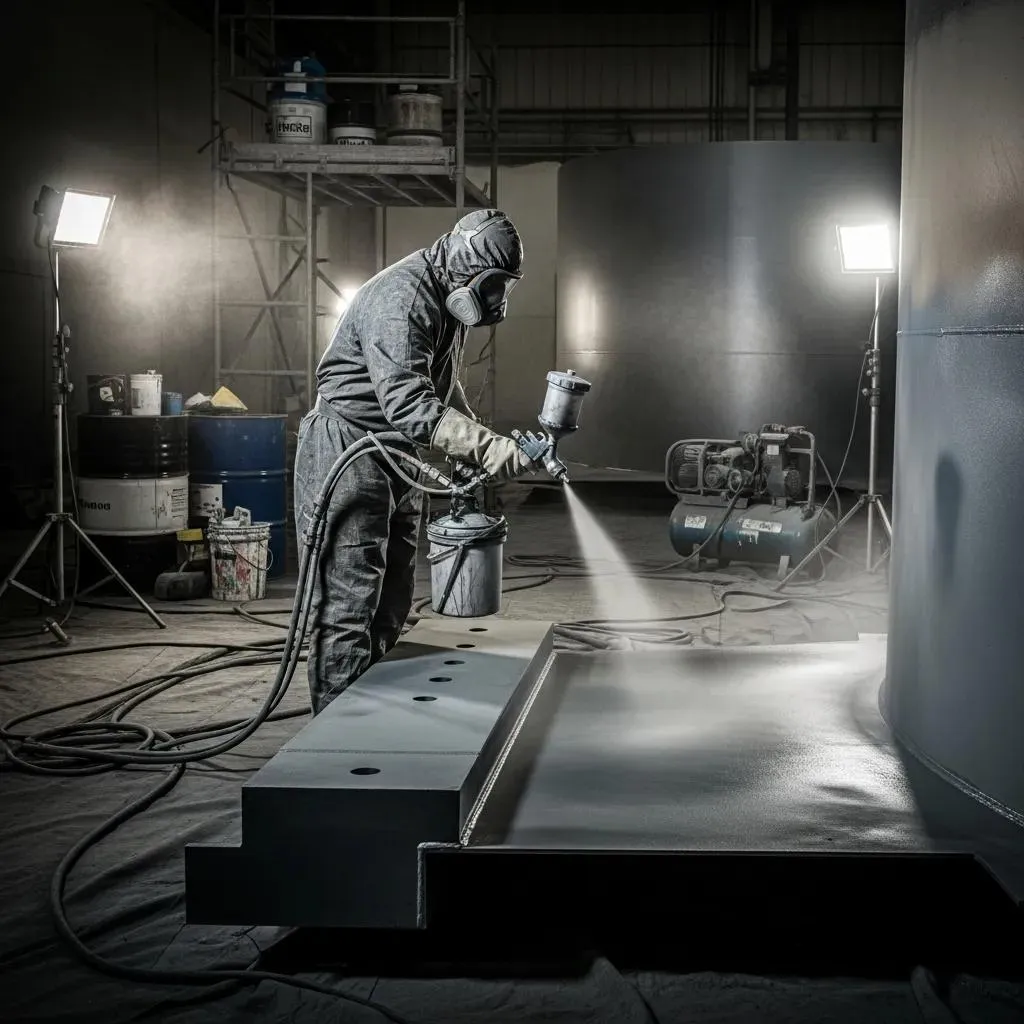 Worker spray painting metal panel in dark industrial setting