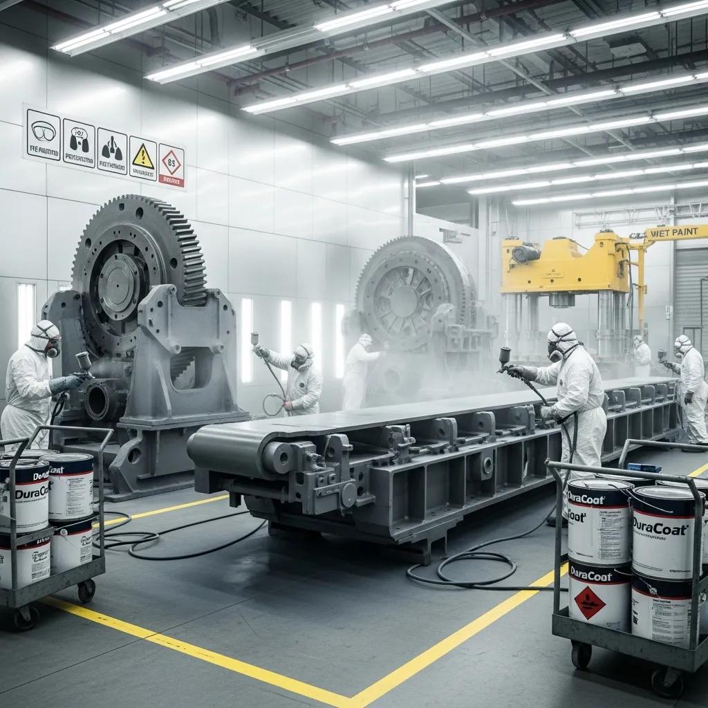 Workers applying industrial paint in a factory setting, highlighting the importance of protective coatings