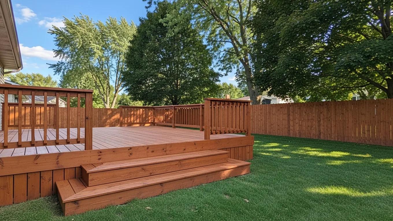 Beautifully stained wooden deck and fence in a sunny Southeast Michigan backyard