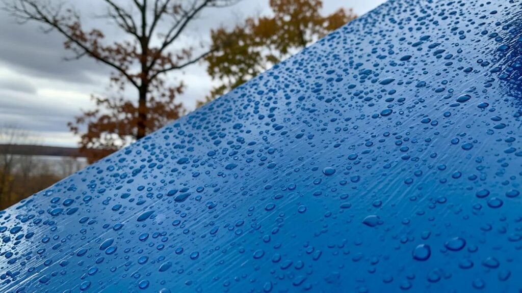 Close-up of a painted wall showing moisture resistance, set against a Michigan landscape