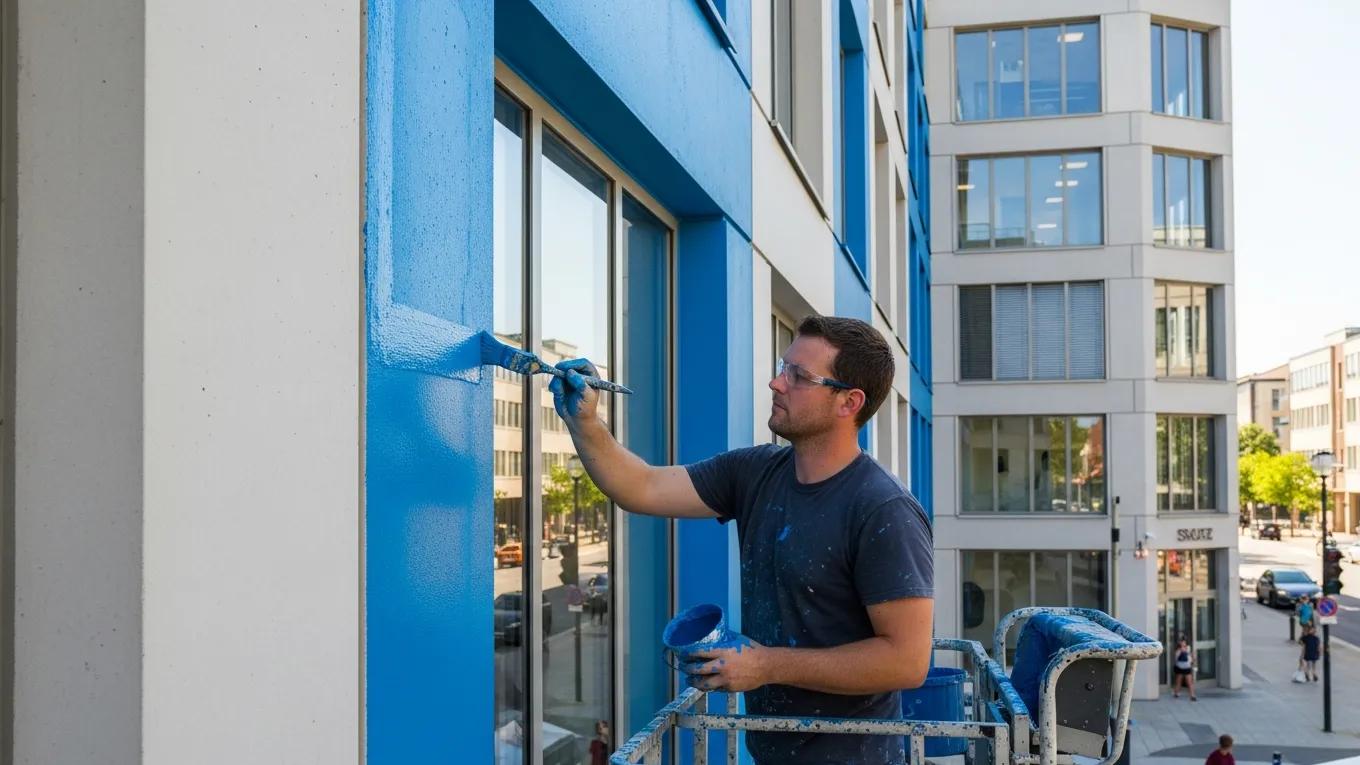 Commercial painter applying vibrant paint to an office building, symbolizing professional painting services