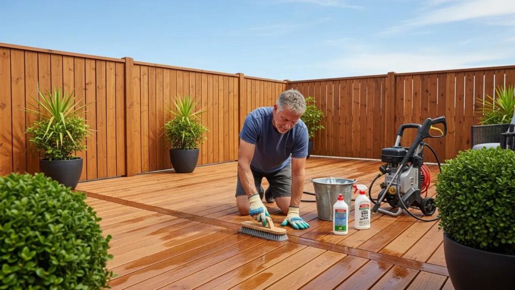 Homeowner performing maintenance on deck and fence to enhance outdoor wood durability