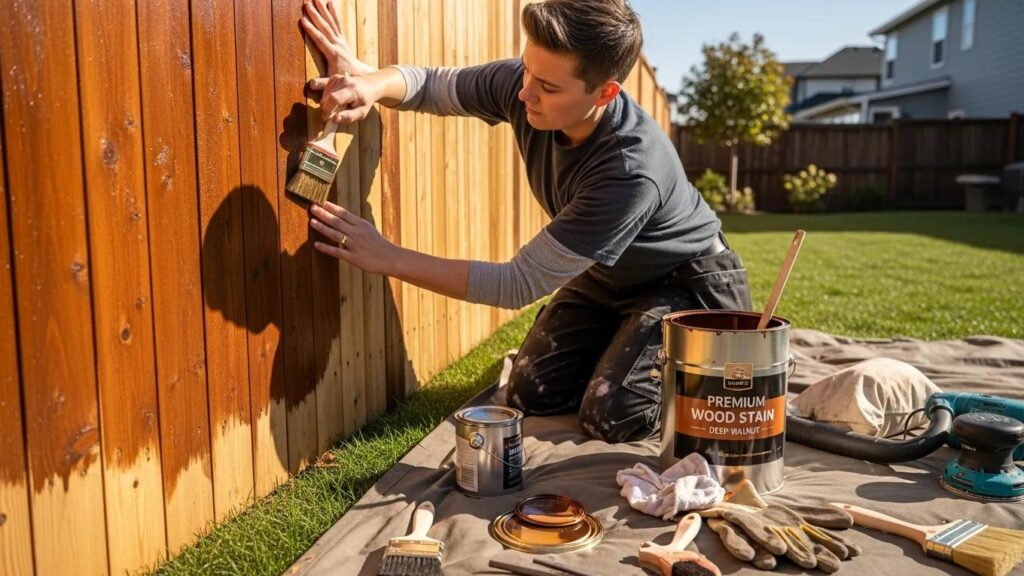 Professional applying stain to wooden fence highlighting surface preparation techniques