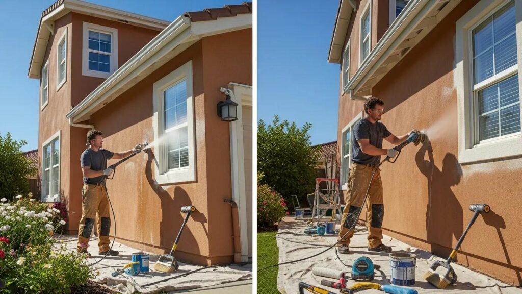 Professional painter preparing exterior walls by cleaning and sanding to ensure optimal paint durability.