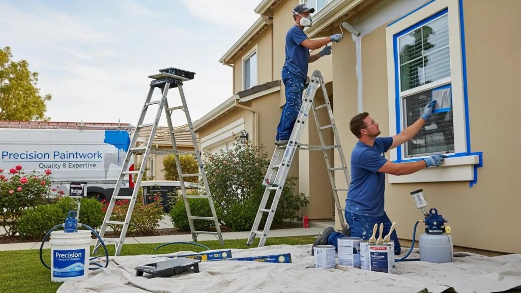 Professional painters working on a home exterior, showcasing teamwork and expertise