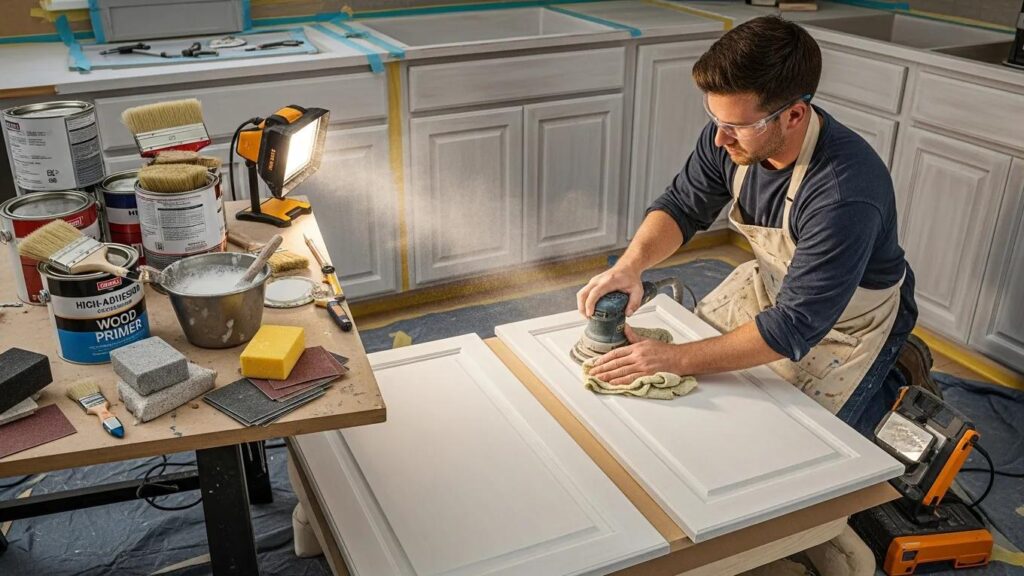 Professional preparing cabinets for painting with sanding and priming tools
