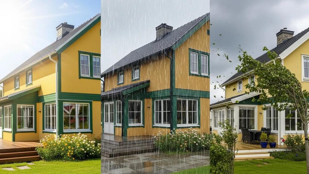 Residential home demonstrating the benefits of weather-resistant exterior paints under varying weather conditions.