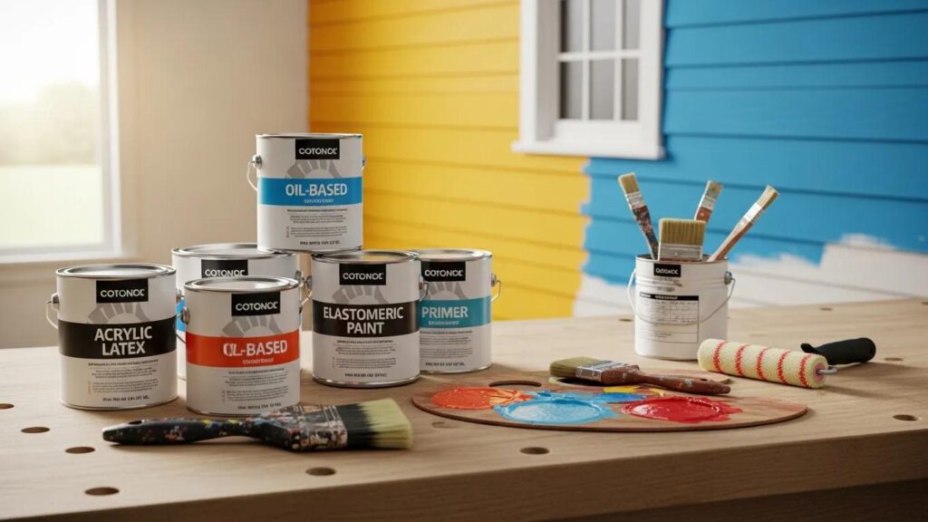 Variety of exterior paint cans showcasing different types for home painting projects