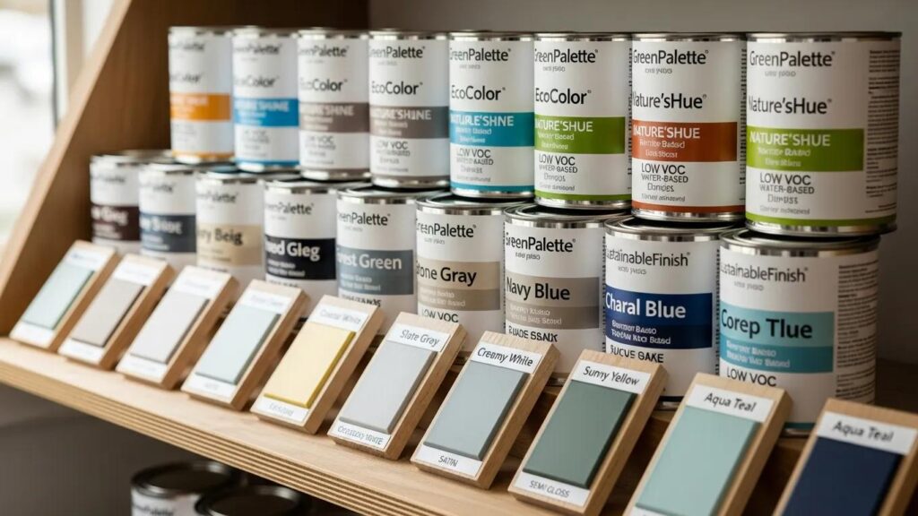 Vibrant paint cans and color swatches for kitchen cabinet painting