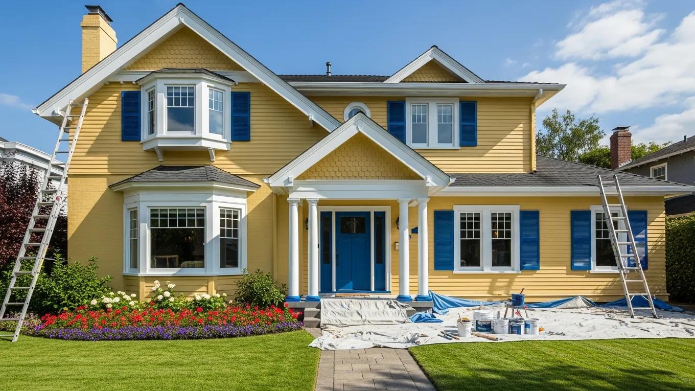 Vibrant residential home after professional exterior house painting, showcasing colorful walls and well-maintained landscape.