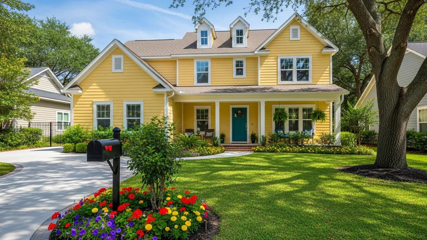 Beautifully painted home exterior in a sunny neighborhood