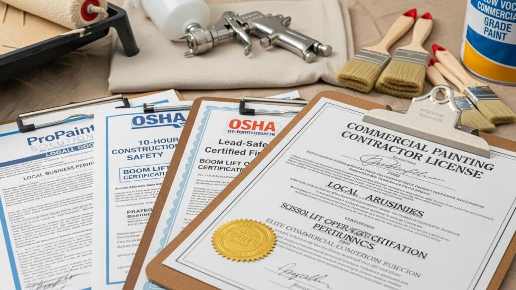 Close-up of certifications and licenses for commercial painting contractors