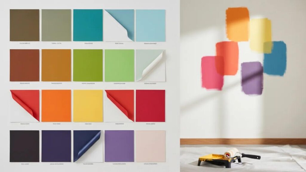 Color swatches and partially painted wall illustrating color selection process